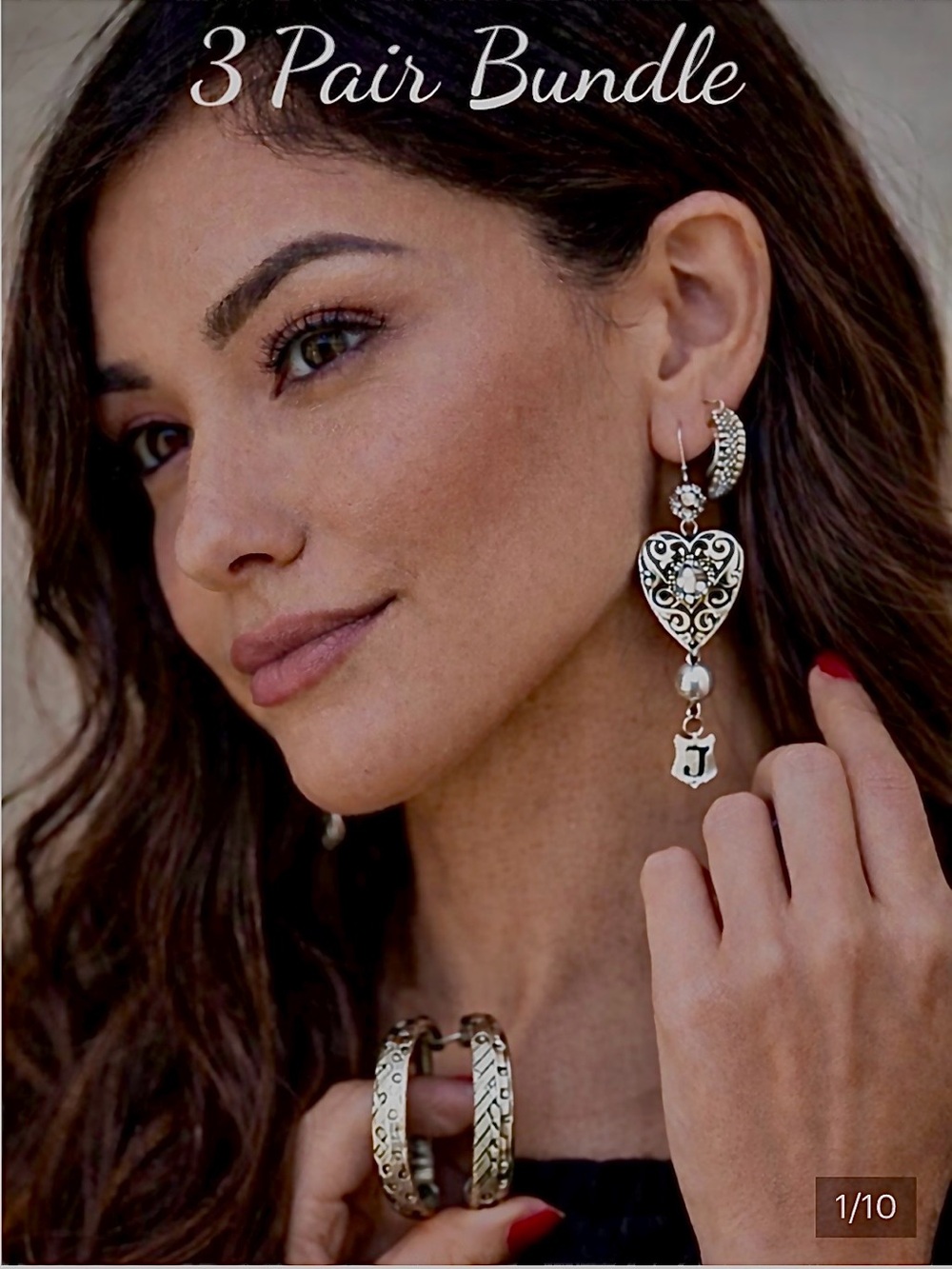 Silver Earring Bundle 3 Pair Set | Heart Dangle + Textured Hoops | Vintage Style
